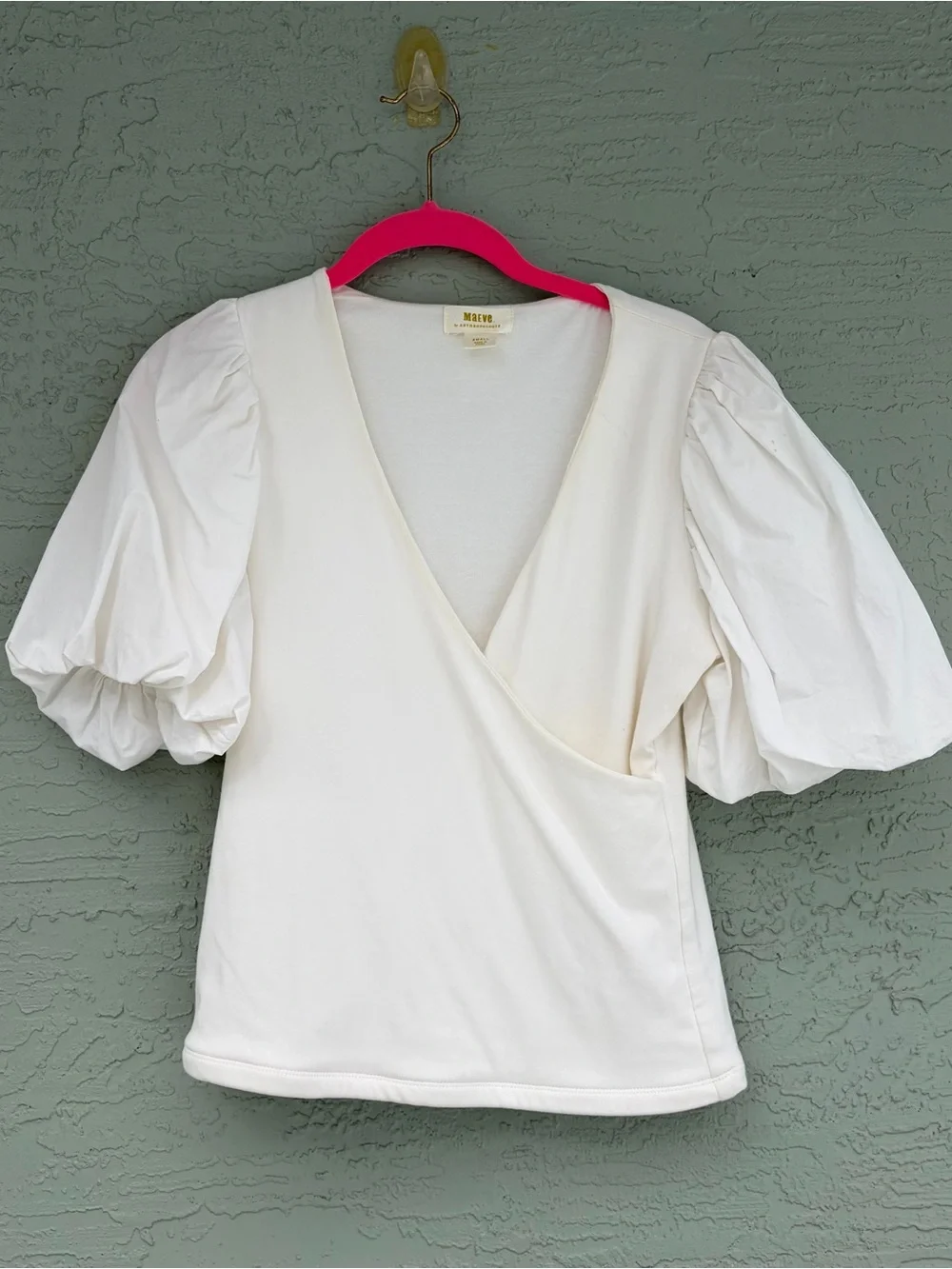 Maeve Anthropologie White V-Neck Short Puff-Sleeve Wrap Top Sz S